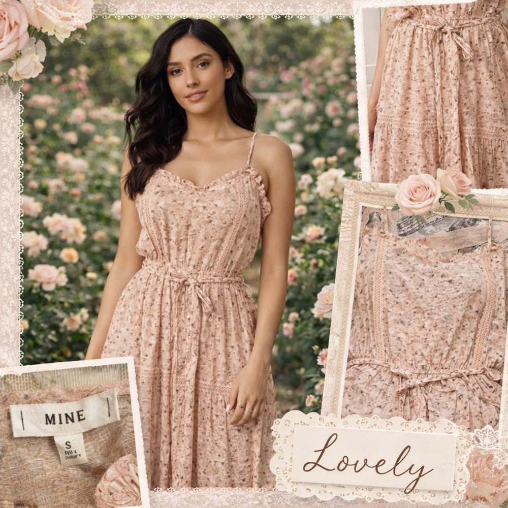 MINE Floral Lace Midi Sundress • Small • Peach Blush Boho Cottagecore Dress